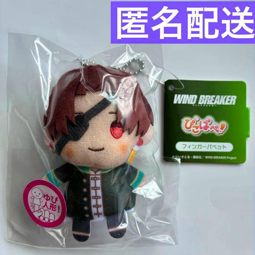 Front view of the WIND BREAKER ぴこぱぺ！ finger-puppet mascot plush in its plastic bag with an attached green product tag.