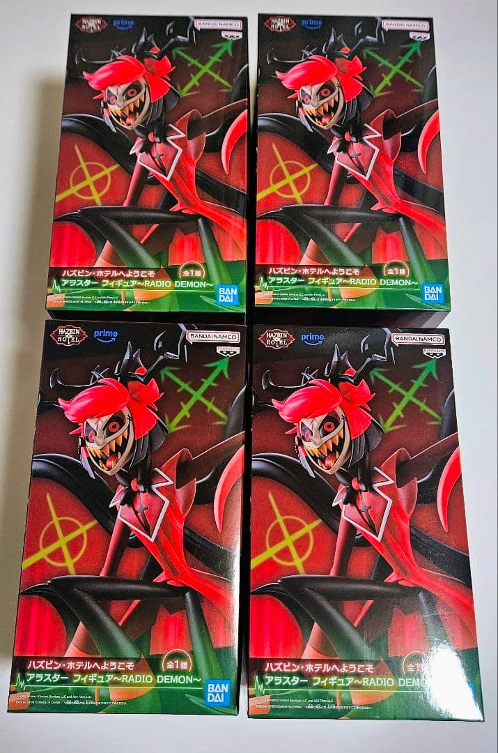 Four boxed Hazbin Hotel Alastor (Radio Demon) figure units arranged in a 2x2 grid on a white background.