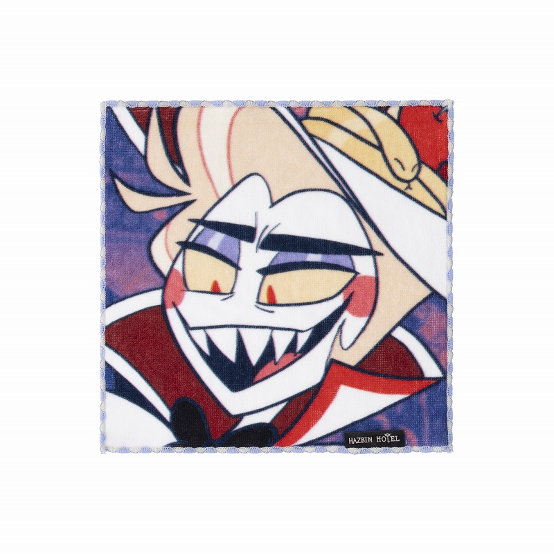 A square hand towel printed with a stylized close-up of Lucifer Morningstar's face from HAZBIN HOTEL on a white background.