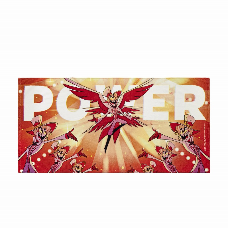 A HAZBIN HOTEL bath towel featuring Lucifer Morningstar artwork in red and gold, repeated smaller poses, and large "POWER" text across the background.