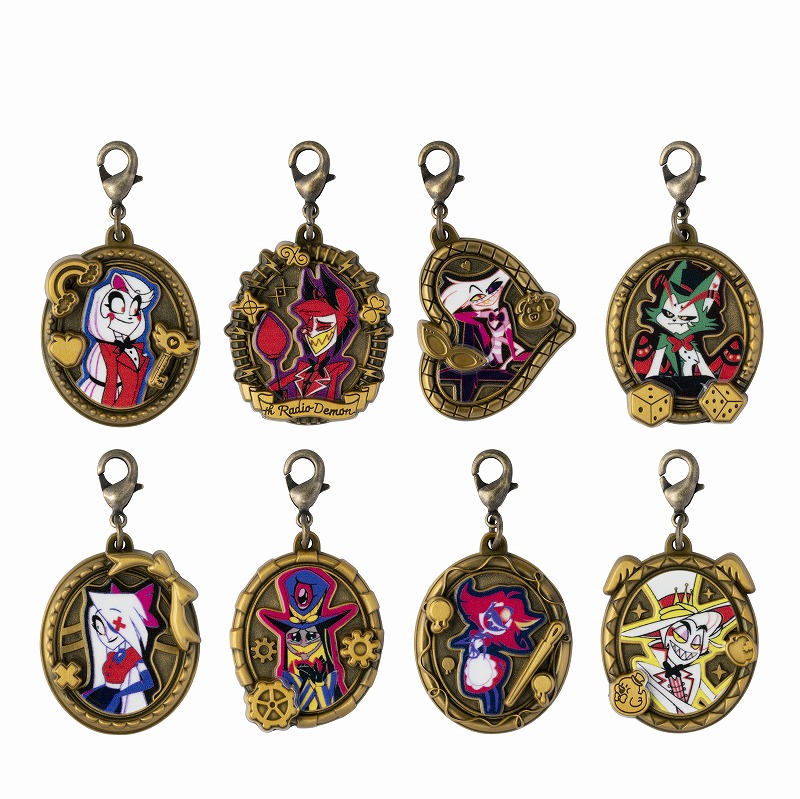 Photo of eight HAZBIN HOTEL metal bag charms showing the front designs, arranged in two rows with lobster clasp attachments.