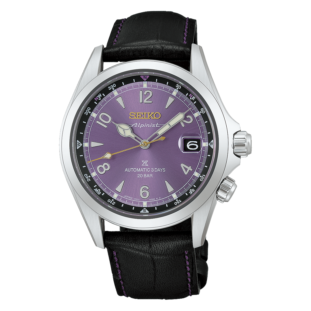 Front view of the HBC006J watch showing a purple dial, silver-colored case, and black leather strap.