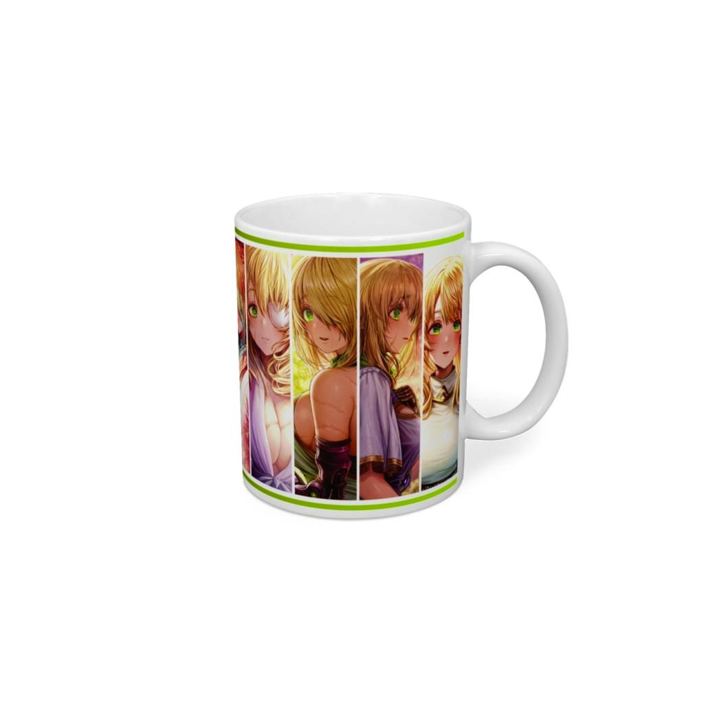 White ceramic mug printed with colorful vertical panels of illustrated female anime characters.