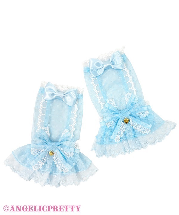 Two light-blue tulle arm warmers with bows, lace trim, ruffles, and small gold heart charms on a white background.