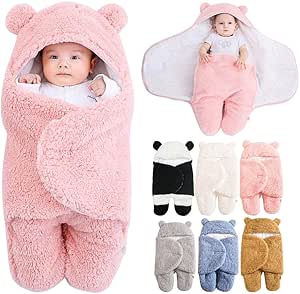 A pink fluffy hooded baby swaddle shown wrapped around an infant and opened flat, with thumbnail images of additional color variants.