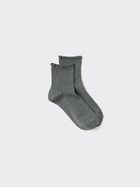 A pair of gray Heattech crew socks laid flat on a light background.