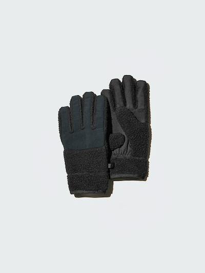 Pair of black polyester gloves with boa-fleece cuffs laid flat on a light background.