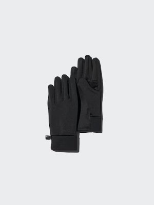 A pair of black heat-tech lined stretch gloves shown flat on a light background.