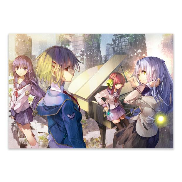Printed art canvas showing four anime-style characters in school uniforms around a grand piano.