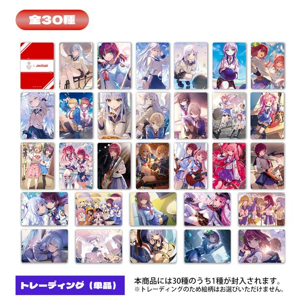 Grid of 30 illustrated photocard designs for the ヘブンバーンズレッド×Angel Beats! trading card set.