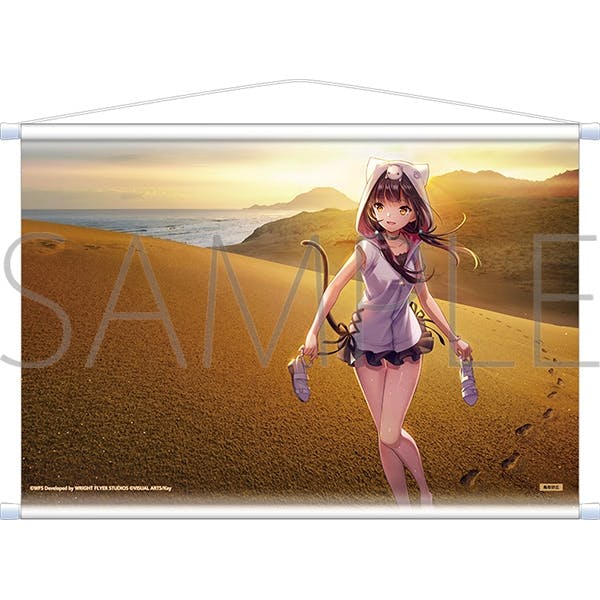 B2 tapestry image depicting Asakura Karen standing barefoot on a sandy beach at sunset while holding her shoes.
