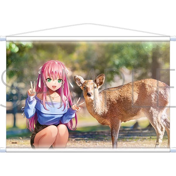 B2 tapestry print showing the character 逢川めぐみ kneeling and posing with a deer against a park-like background.