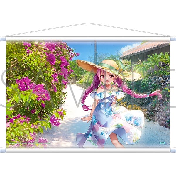 Front view of a B2 tapestry showing the character 國見タマ in a summer dress and straw hat on a sunny floral path background.