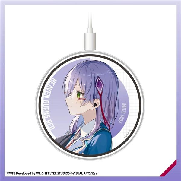 Round wireless charger with a USB cable showing an illustration of Izumi Yuki from Heaven Burns Red.
