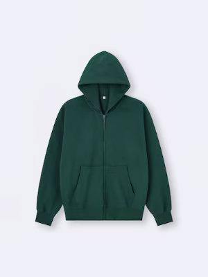 Front view of a dark green men's full-zip hooded cotton sweatshirt laid flat on a white background.