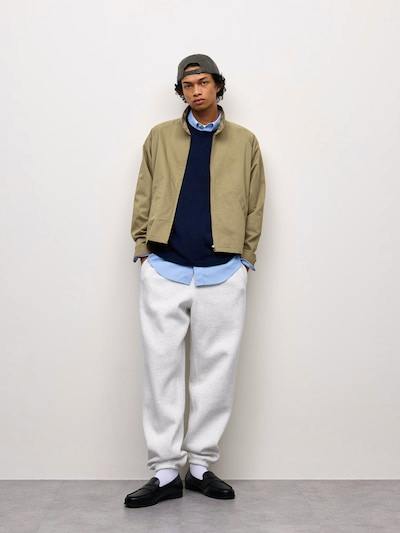 Male model wearing light gray heavyweight sweat jogger pants standing against a plain background.