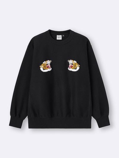 Black heavyweight cotton pullover sweater shown flat with two embroidered tiger-head motifs on the chest.