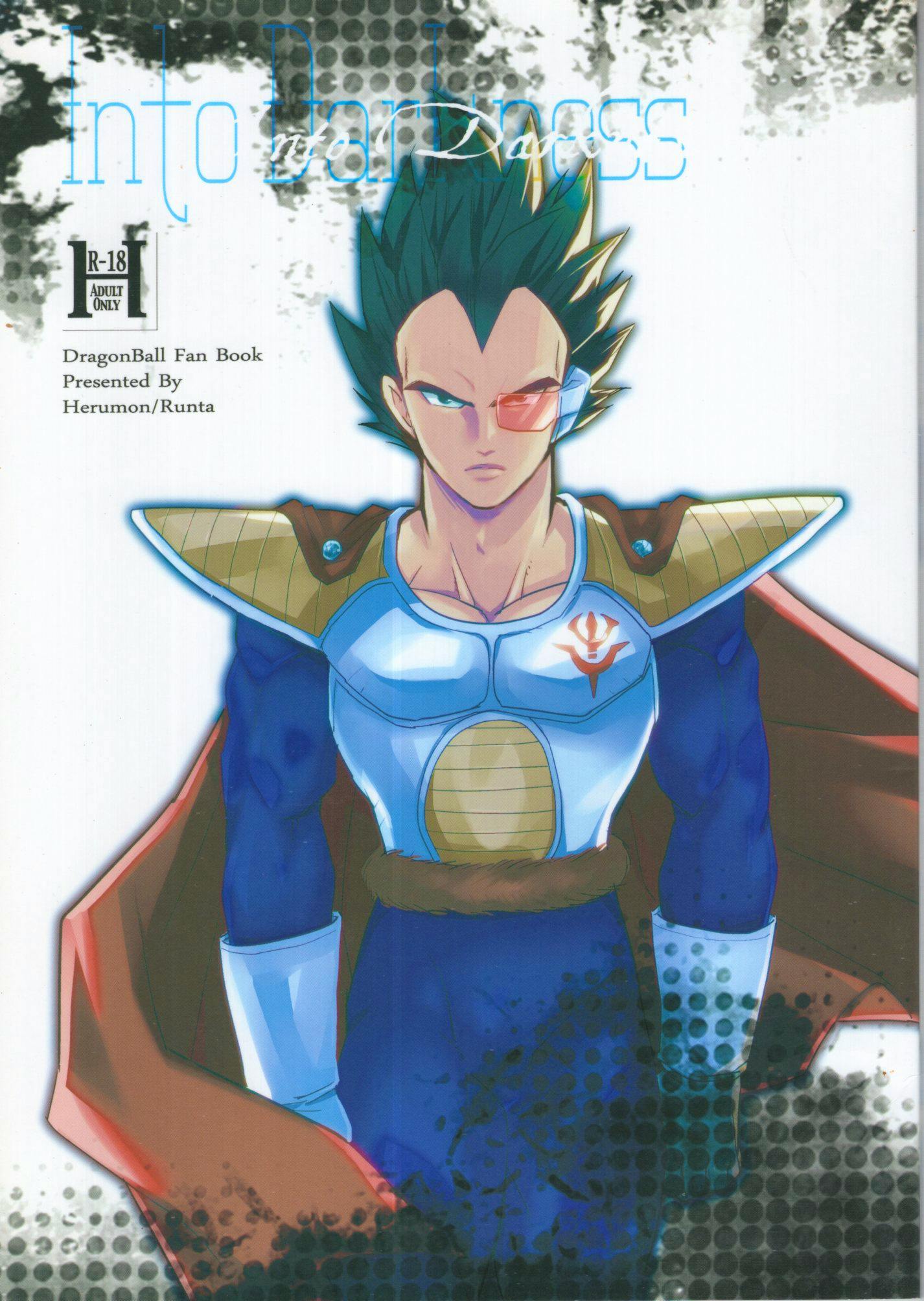 Front cover of a DragonBall fan book titled "Into Darkness" featuring an armored character portrait.