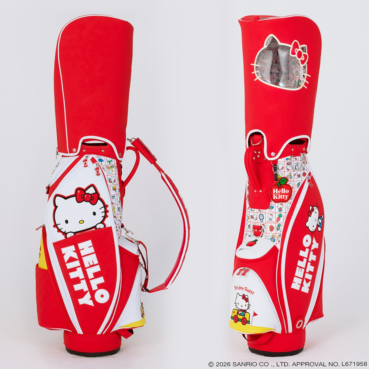 Red Hello Kitty caddy bag in synthetic leather showing front and side views with Hello Kitty graphics and white "HELLO KITTY" text.