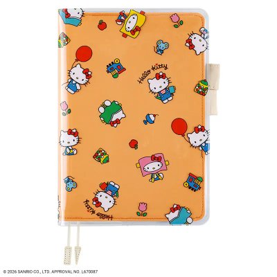 Orange Hello Kitty A5 book cover (Fun Times) with repeated Hello Kitty character pattern shown inside a clear outer cover.