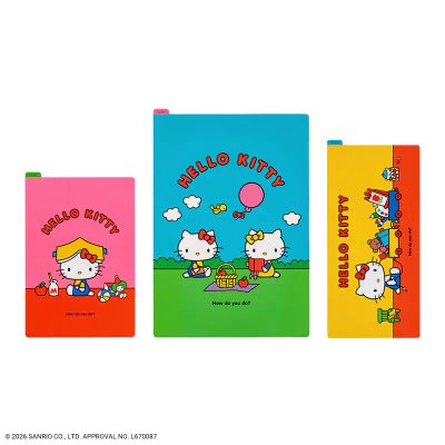 Three Hello Kitty Hobonichi pencil boards for A6, A5 and Weeks sizes in pink, blue, and yellow showing character artwork.