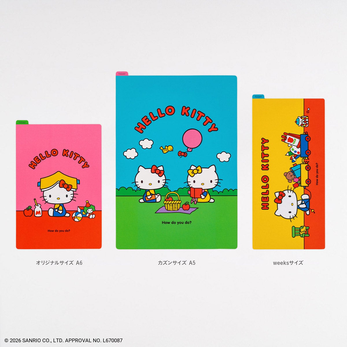 Three Hello Kitty plastic underlays in different colors and sizes shown side by side.