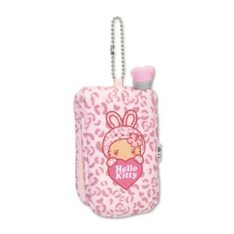 Pink Hello Kitty mirror charm plush keychain with a ball chain and heart motif.