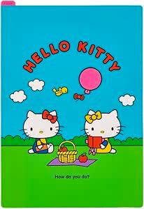 Front view of the plastic folder underlayment showing Hello Kitty characters having a picnic under the text "HELLO KITTY" on a blue and green background.