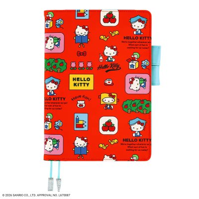 Front view of the Hello Kitty A5 (カズン) polyester book cover with red background, all-over Hello Kitty pattern, pen loop, and two ribbon bookmarks.