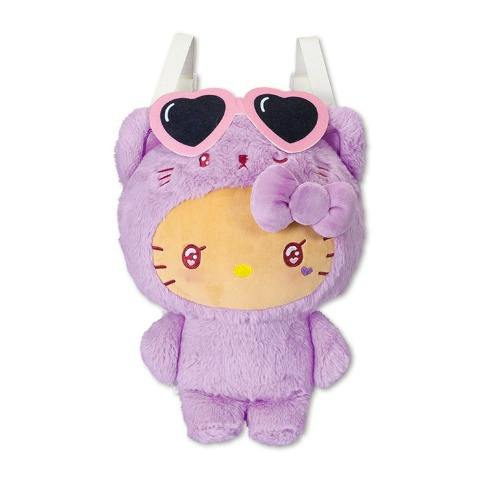 Purple Hello Kitty plush backpack with white straps, heart-shaped sunglasses, and a bow on the head.