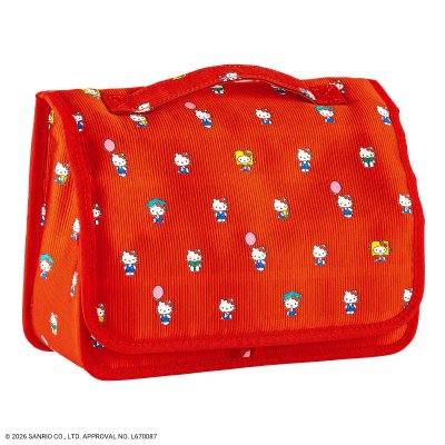 Red Hello Kitty polyester pouch with repeating character pattern, top handle, and flap.