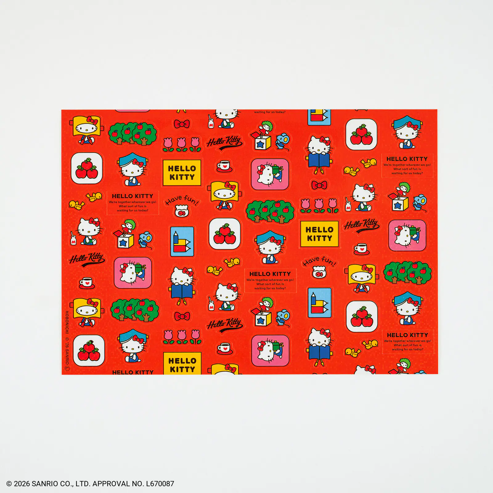 Red paper sticker sheet covered with repeated Hello Kitty illustrations and small motifs.