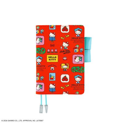 Front view of a red A6-sized Hello Kitty polyester book cover with printed character pattern, a blue pen loop, and two ribbon bookmarks.