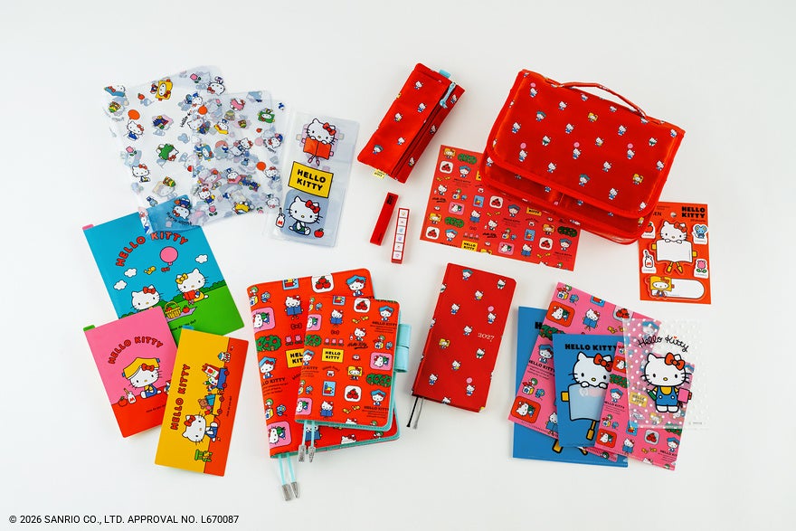 Photo showing multiple Hello Kitty sticker sheets and matching Techo and Friends stationery items arranged on a white background.