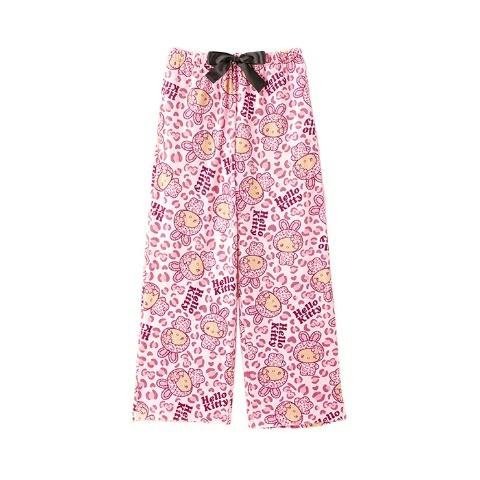 Pink women's long pants with an all-over Hello Kitty print and a black bow at the waistband.