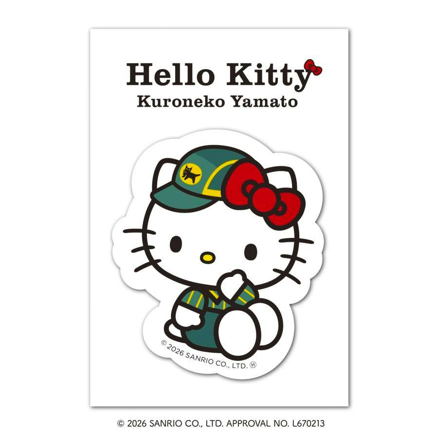 Die-cut Hello Kitty paper sticker on a white backing card, showing Hello Kitty in a Kuroneko Yamato uniform with 'Hello Kitty Kuroneko Yamato' text above.