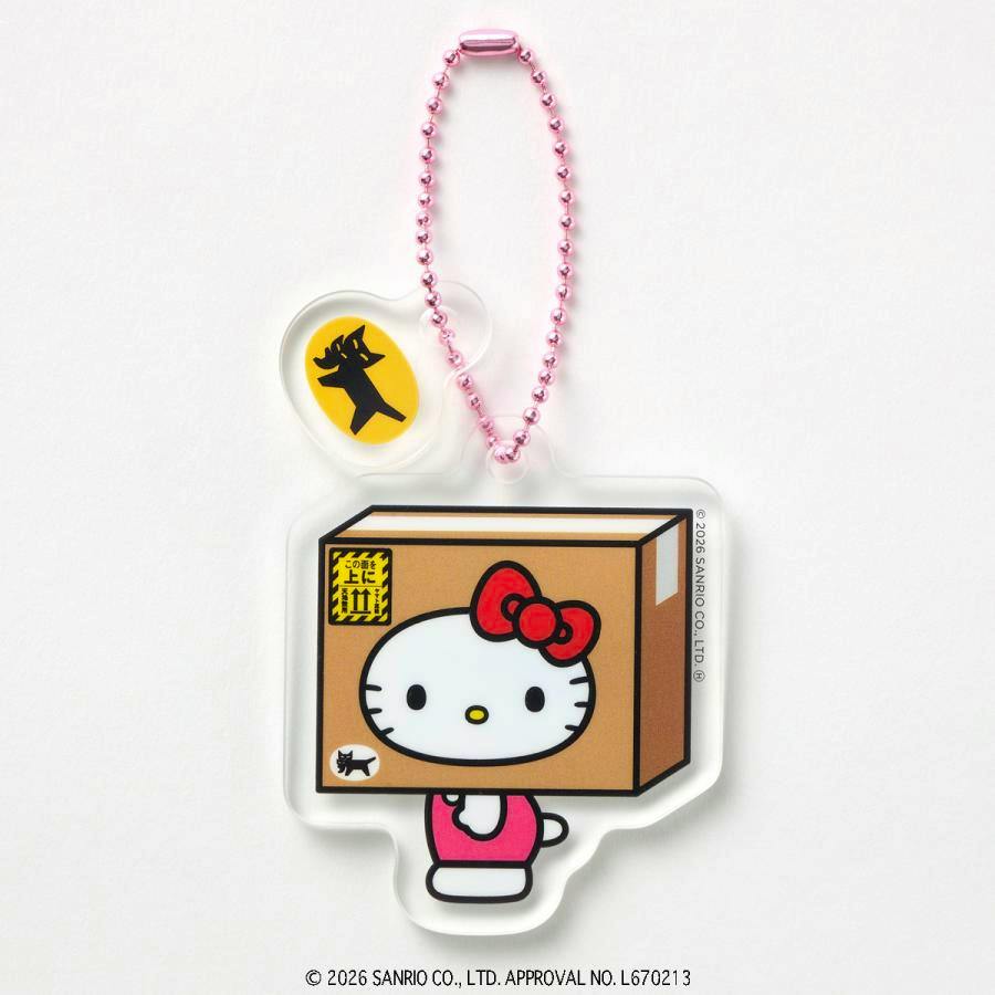 An acrylic Hello Kitty keychain charm showing Hello Kitty with a cardboard box head attached to a pink ball chain on a white background.