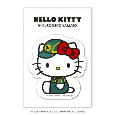 Die-cut Hello Kitty paper sticker on a backing card, showing Hello Kitty wearing a Kuroneko Yamato uniform and cap.