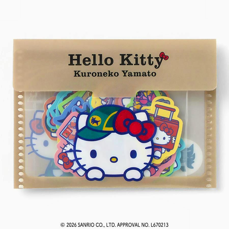 A translucent beige pouch labeled "Hello Kitty Kuroneko Yamato" showing a pile of Hello Kitty flake stickers inside.