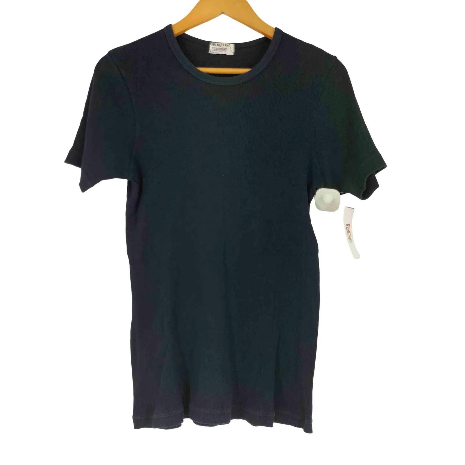 Front view of a HELMUT LANG ribbed short-sleeve men's T-shirt on a hanger with a security tag attached.