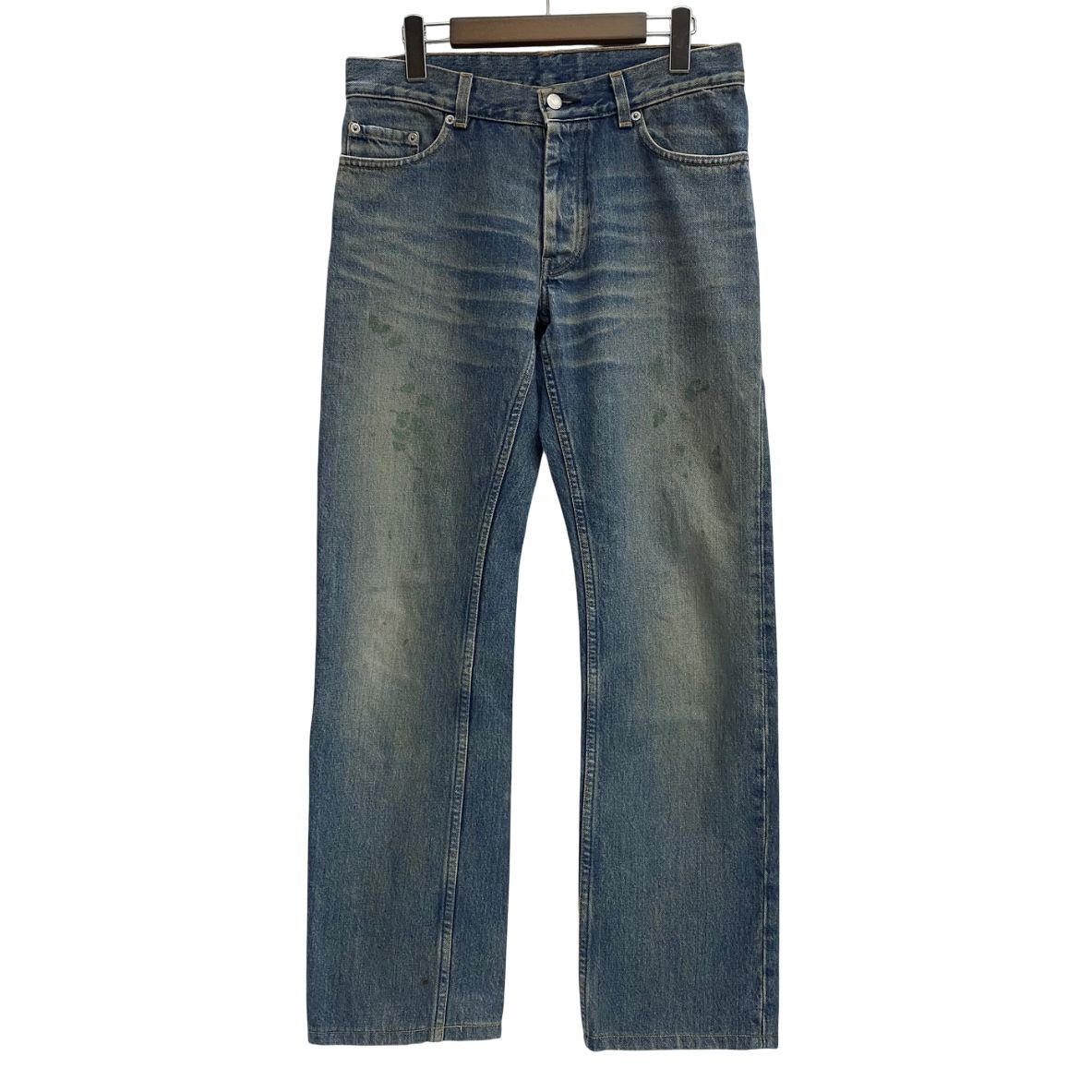 Front view of Helmut Lang men's painter blue jeans (size 30) hanging on a hanger.