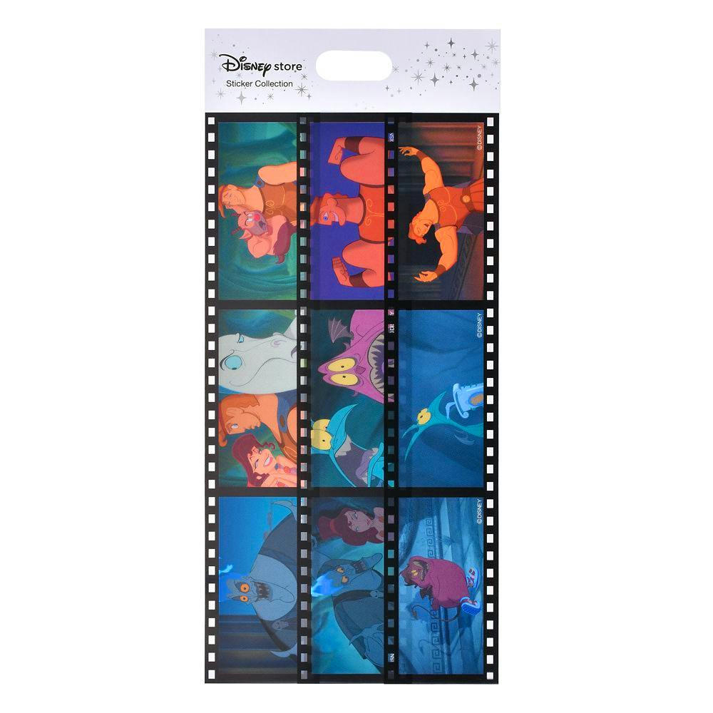 A Disney Store Hercules sticker sheet arranged like film frames showing multiple colored scenes from the animated film.