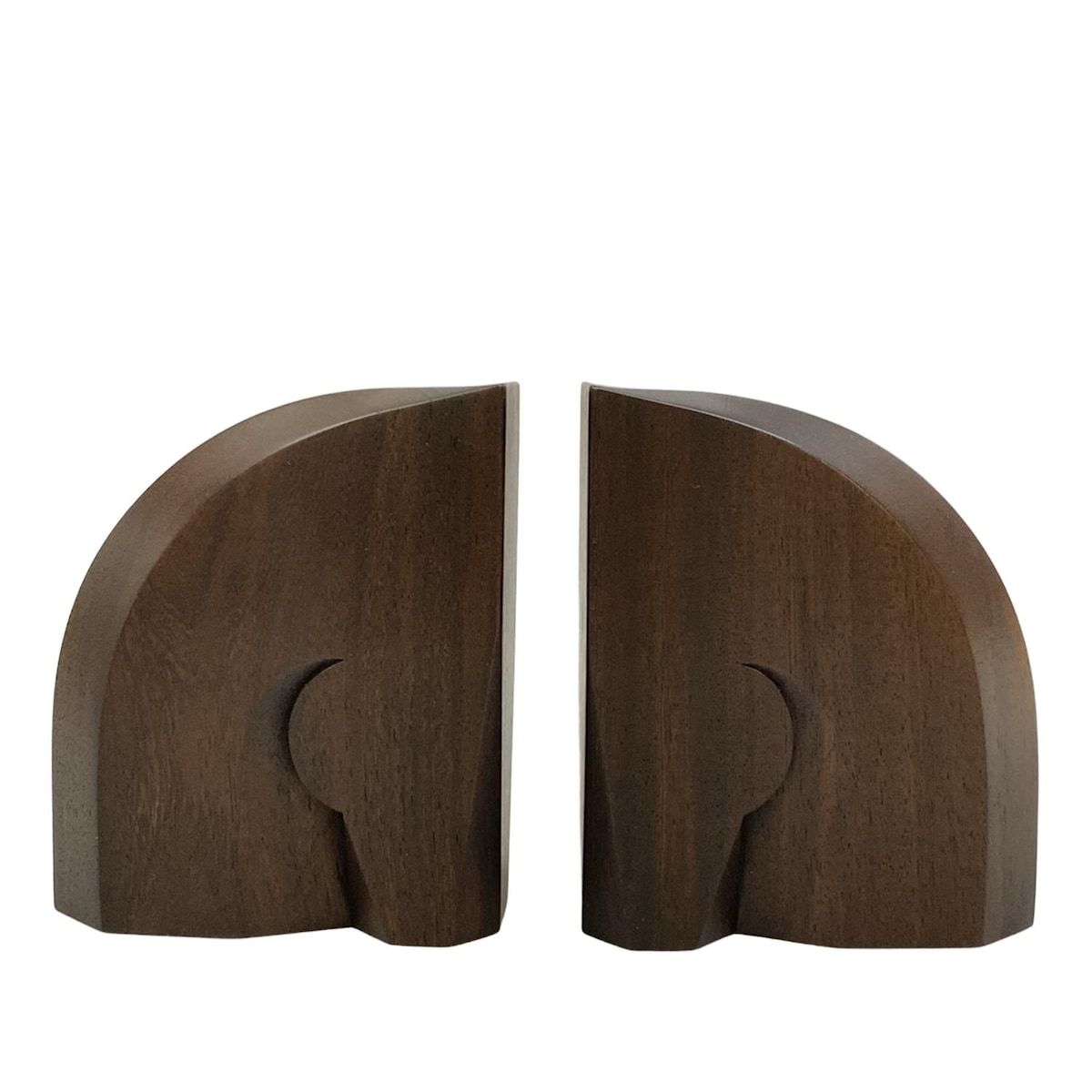 A pair of dark wooden bookends shown side by side, photographed against a plain background.