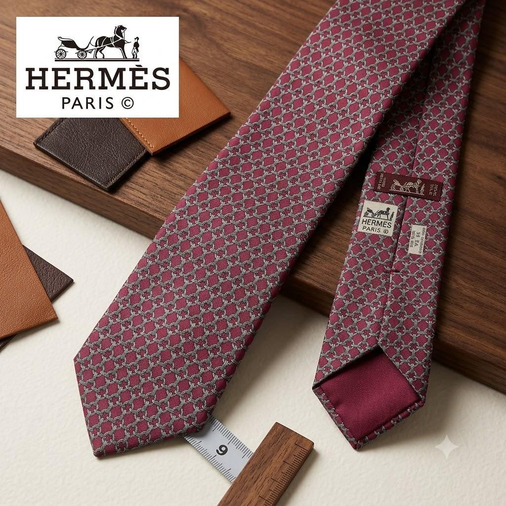 Burgundy silk necktie with repeating chain pattern laid flat showing label and measuring tape.