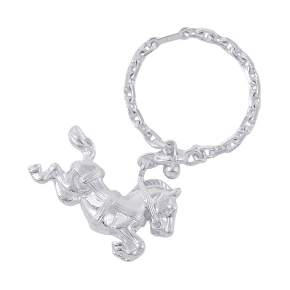 Silver Hermès horse charm keychain shown on a white background.