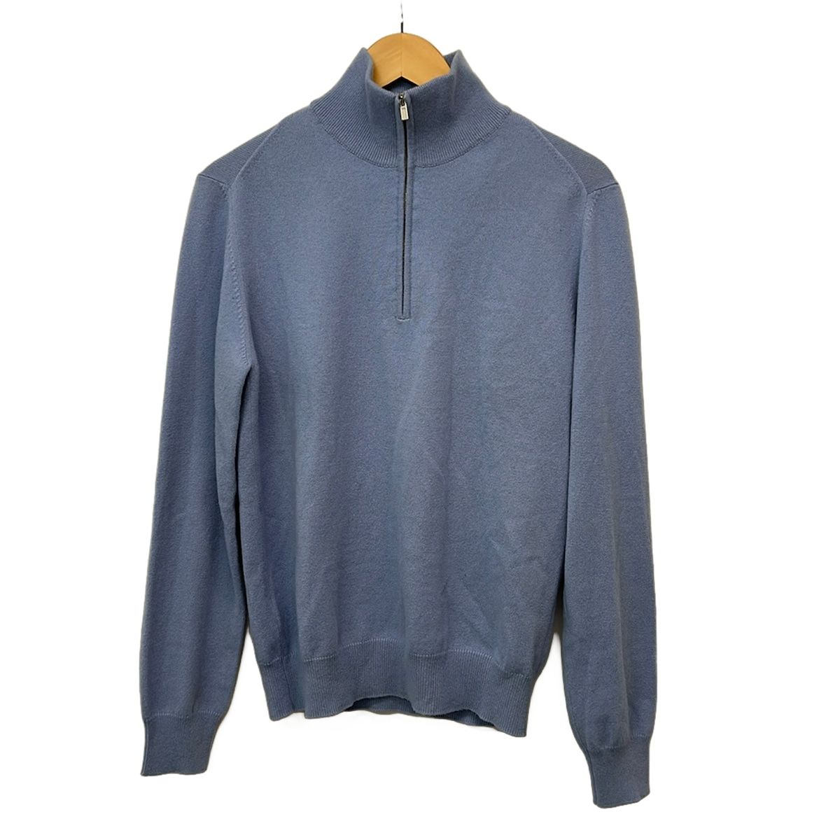 Light blue HERMES men's cashmere half-zip high-neck sweater (size XS) on a hanger against a white background.