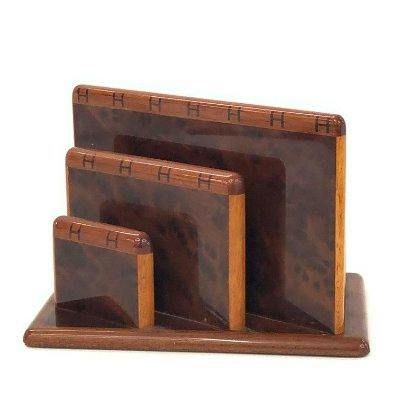 Wooden HERMES letter/document stand with three graduated dividers on a rectangular base.