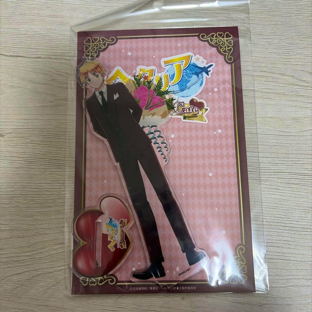 Packaged acrylic stand of England from ヘタリア World★Stars on a pink patterned backing card.