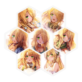 A hexagonal arrangement of seven hexagon paper stickers showing a blonde anime-style character in different poses.
