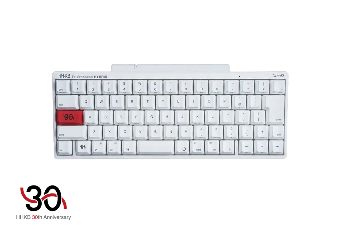 Top-down photo of the HHKB Professional HYBRID Type-S keyboard in white on a black background.